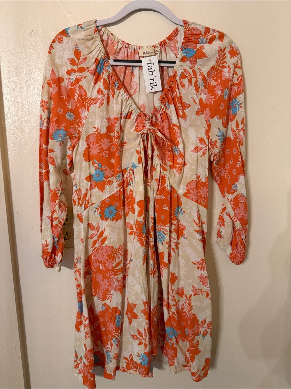 Millibon Cream and Orange Floral Tie-Front Dress with Blue Accents